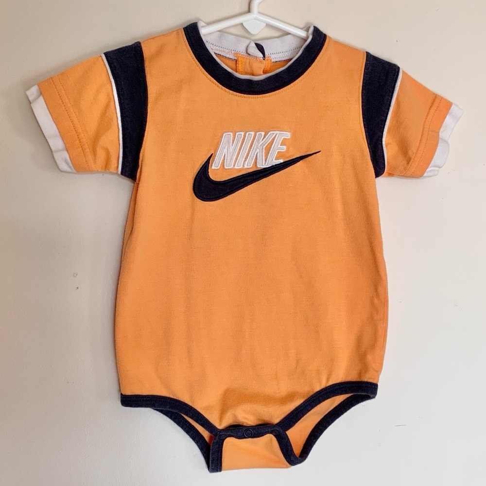 Nike Retro Bodysuit Tee Shirt Orange with White & Navy Embroidered Logo 18M